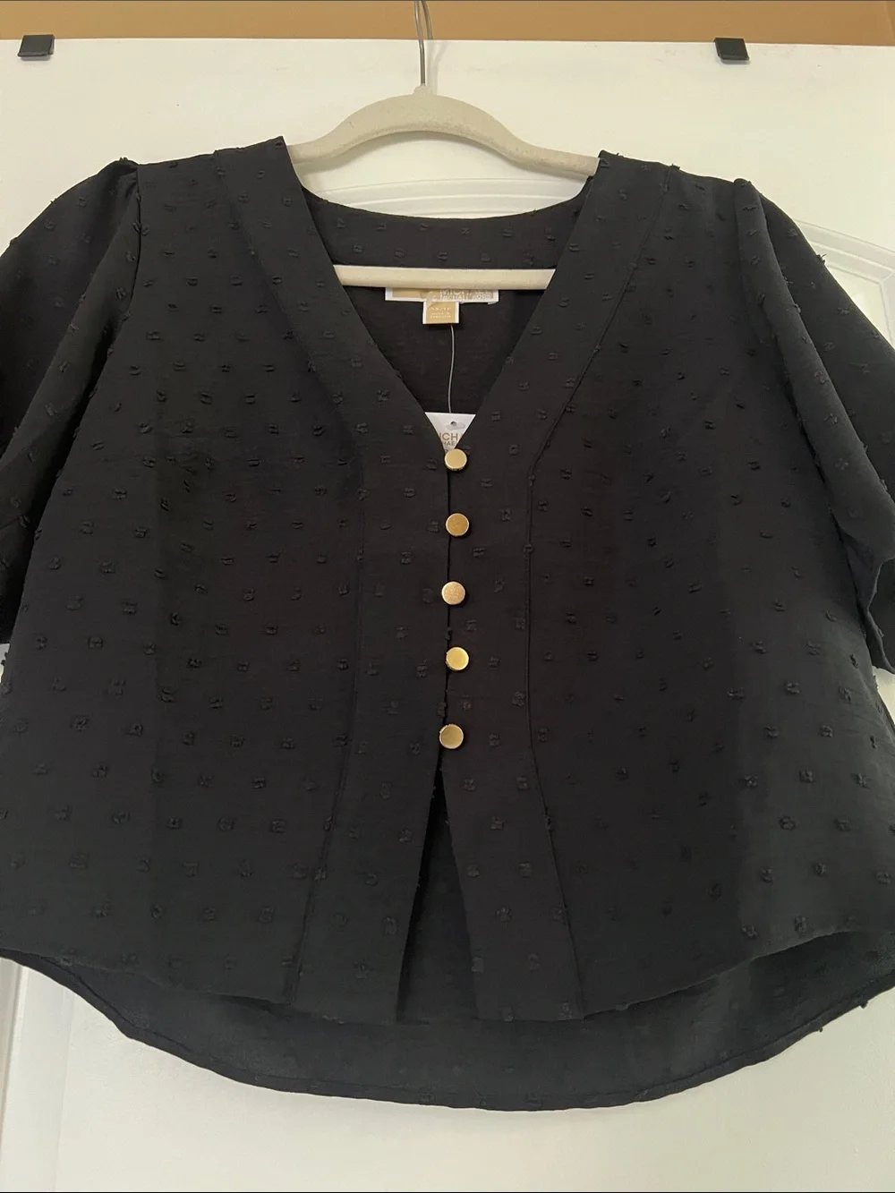 Michael Kors  Black V-Neck Dot Textured Button Front Top